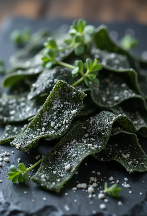 شرائح طحالب كومبو مجففة على سطح خشبي، مع القليل من الكومبو المنقوع في وعاء