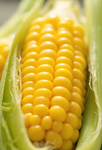 حبوب ذرة مجففة نظيفة في كيس وعلى سطح خشبي