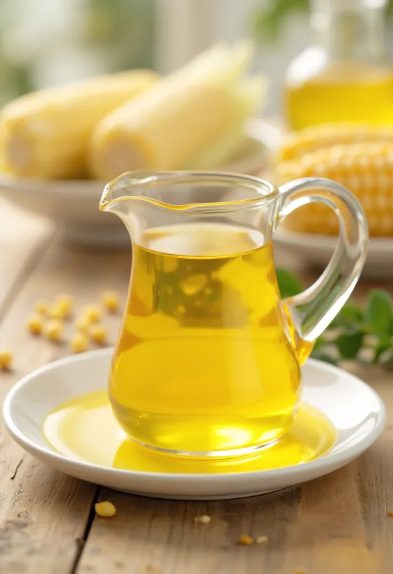 زيت الذرة في زجاجة مع حبوب ذرة ودقيق ذرة