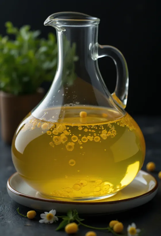 زيت ذرة في وعاء زجاجي صغير، بجانبه حبوب ذرة وجنين الذرة