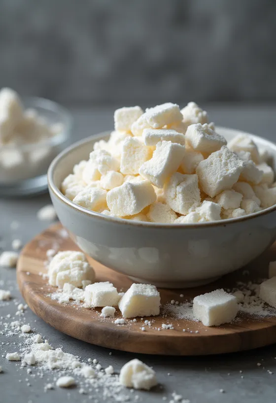 مسحوق نشا الكوزو في وعاء خزفي وملعقة خشبية بجانبه شرائح من الجذر