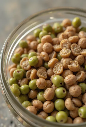 أصناف متنوعة من العدس في أوعية سيراميك على طاولة خشبية