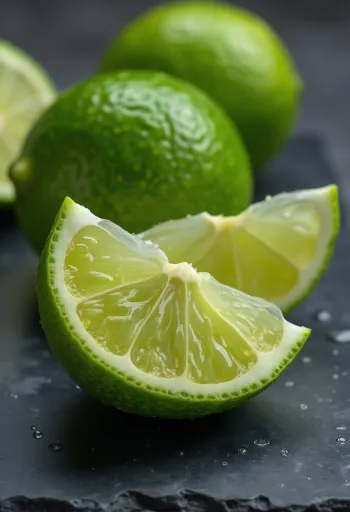 ليمون أخضر طازج كامل ومقطع في وعاء وعلى طاولة خشبية مع ماء اللايم