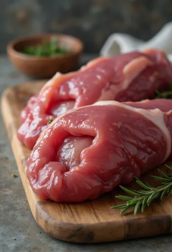 شرائح كبدة نيئة على لوح تقطيع في حالة طازجة