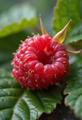 توت عليق طازج في وعاء وعلى مفرش، برفقة مربى توت وورقة نعناع