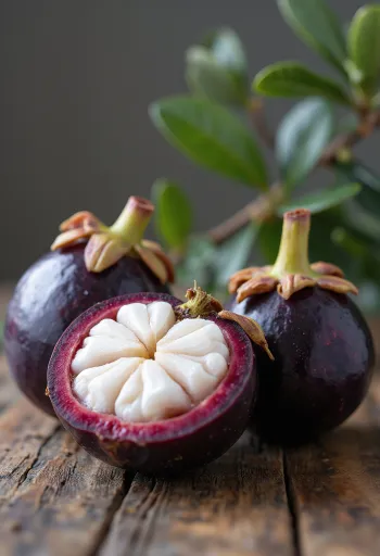 ثمار مانغوستين كاملة ومقطوعة بلب أبيض وقشرة داكنة على سطح خشبي