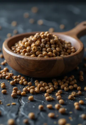 حبات بذور الخردل البني على طاولة مطبخ خشبية.