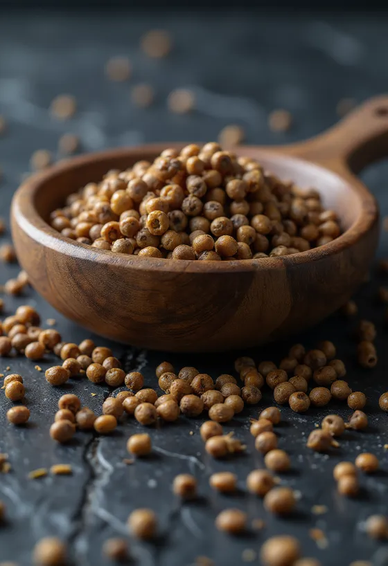 حبات بذور الخردل البني على طاولة مطبخ خشبية.