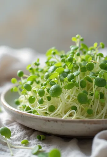 براعم شيا خضراء طازجة مقدمة في طبق أبيض نظيف