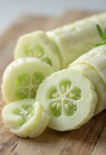 شرائح الخيار الأبيض الطازجة على لوح تقطيع مع خضروات متنوعة