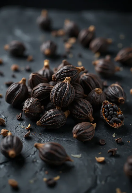 كبسولات وبذور الهيل الأسود المجففة بنكهتها المدخنة