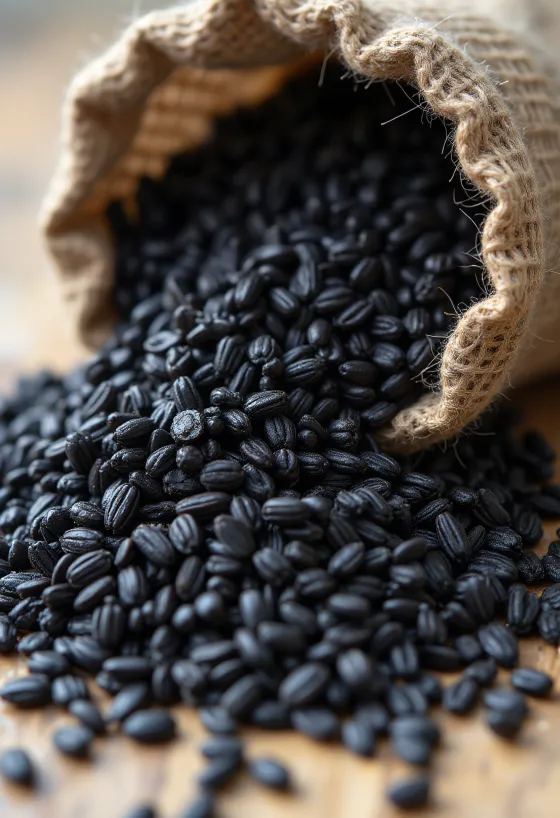 أرز أسود في وعاء زجاجي صغير بلون داكن غني مع حبوب متناثرة