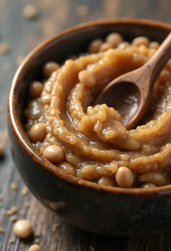 طبق من الصويا المخمرة في وعاء زجاجي صغير محاط بحبوب الصويا