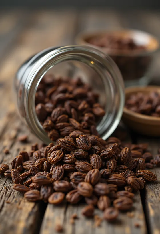 حبوب جاودار محمصة على لوح تقطيع بضوء طبيعي