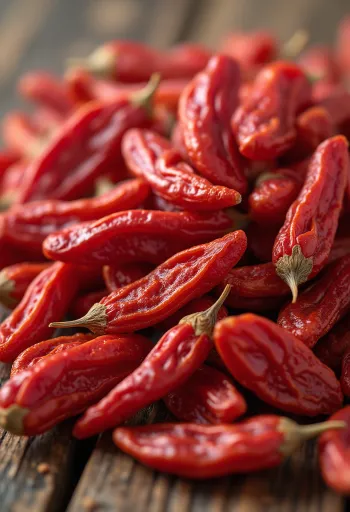 توت غوجي الأحمر المجفف في وعاء زجاجي ومناثر حوله