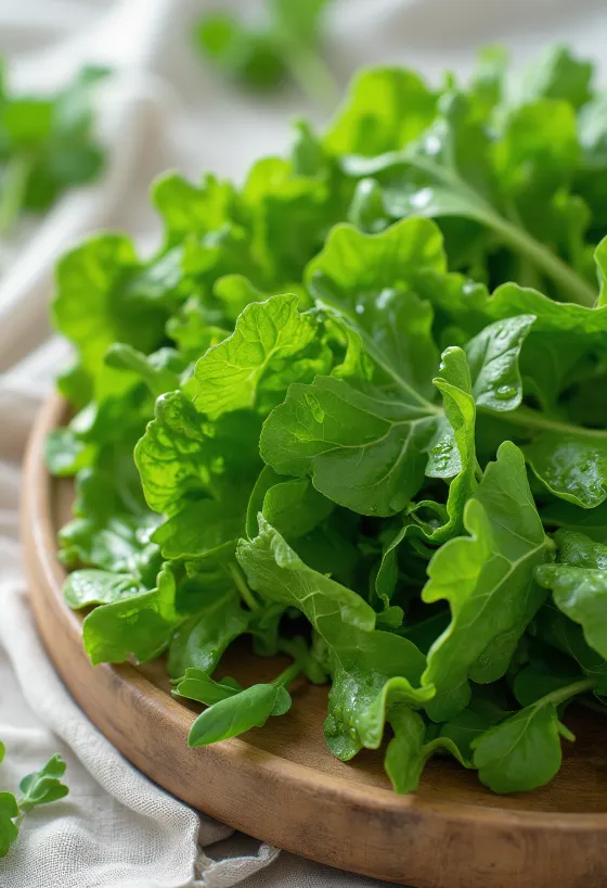 أوراق الخردل الطازجة على سطح خشبي وعليها قطرات ماء