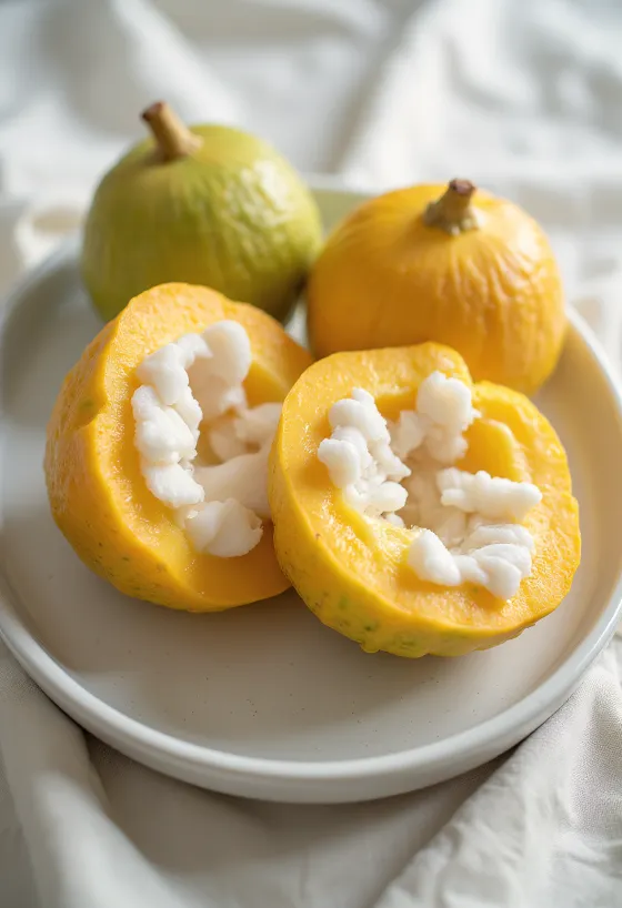 فاكهة السانتول مقطعة لتظهر اللب الأبيض القطني الشهي