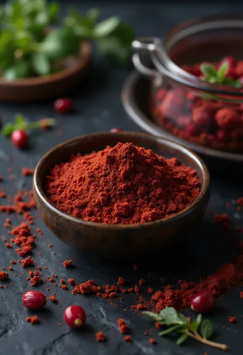 حبيبات السماق الأحمر المجففة في وعاء خشبي ريفي