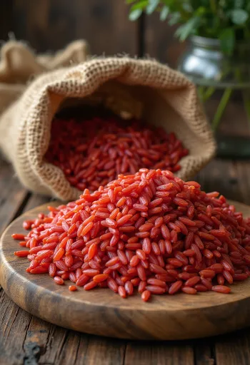 أرز أحمر في وعاء صغير، بلون أحمر غني، وحوله حبوب أرز خام