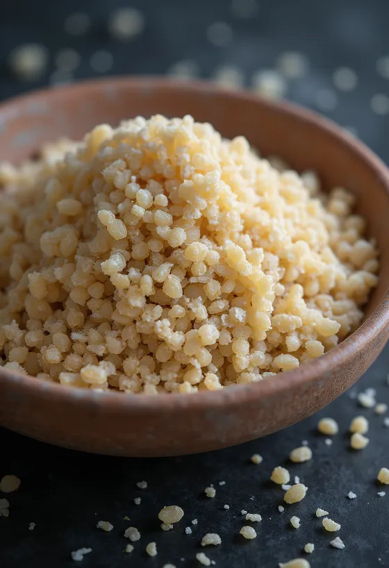 صورة لحبوب الفونيو (آشا) نيئة على سطح خشبي