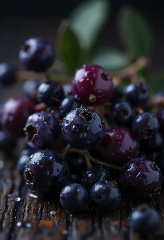 حبات توت البيلسان الأسود بلون أرجواني داكن وسطح لامع