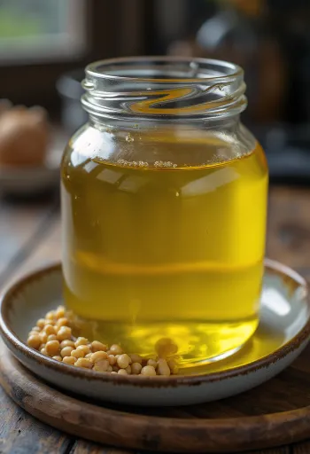 زيت الخردل في زجاجة صغيرة محاط ببذور الخردل