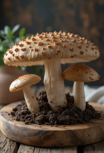 شرائح فطر المظلة الكبير على لوح تحضير في المطبخ