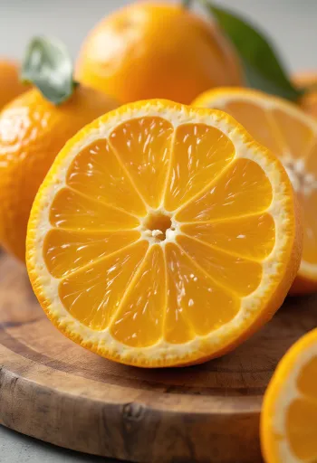 برتقال طازج كامل ومقطوع في وعاء وعلى طاولة خشبية مع عصير برتقال طازج