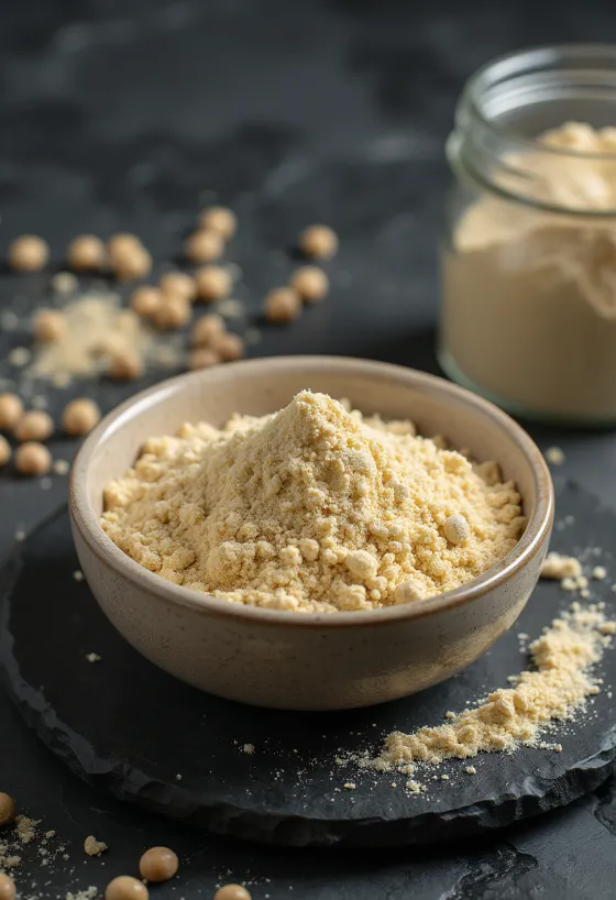مسحوق بروتين البازلاء البيج في وعاء مع حبوب البازلاء الصفراء