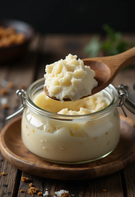 دهن بط خام في وعاء زجاجي صغير، حوله قطع أنسجة دهنية نظيفة