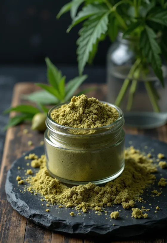 مسحوق بروتين القنب النيء في وعاء بجانبه بذور القنب لغرض التوثيق