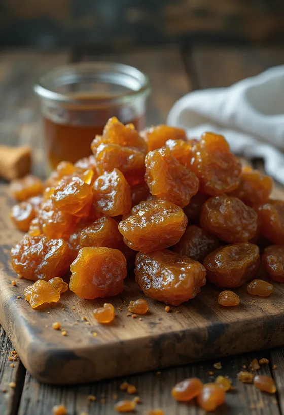 قطع صمغ النحل الخام على سطح خشبي بحالتها الطبيعية