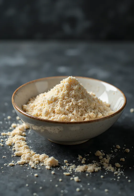 مسحوق بروتين الأرز الخام بلون بيج فاتح في وعاء بجانب أرز بني