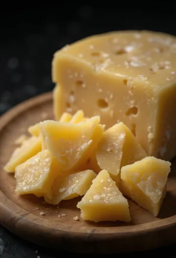 جبن بارميزان إيطالي صلب مقطع ومبشور على لوح خشبي