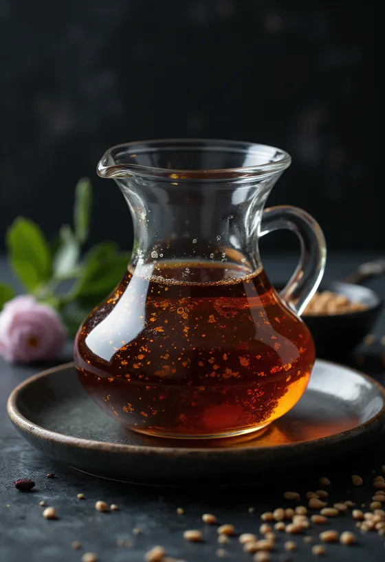 زيت السمسم المحمص في زجاجة داكنة بجانب وعاء صغير وبذور سمسم محمصة