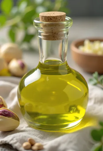 زجاجة صغيرة من زيت الفستق بجوار وعاء من حبوب الفستق المقشرة
