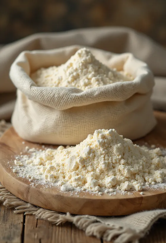 دقيق موز الجنة في وعاء مع ملعقة وبجانبه موز الجنة الأخضر وشرائح