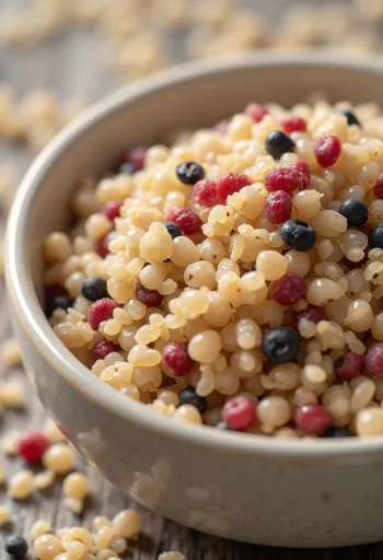 حبوب كينوا نيئة مختلطة الألوان في وعاء وعلى سطح خشبي