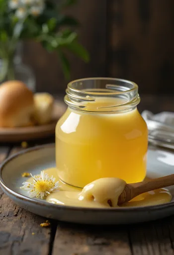 عسل بذور اللفت بقوام كريمي في وعاء مع ملعقة عسل