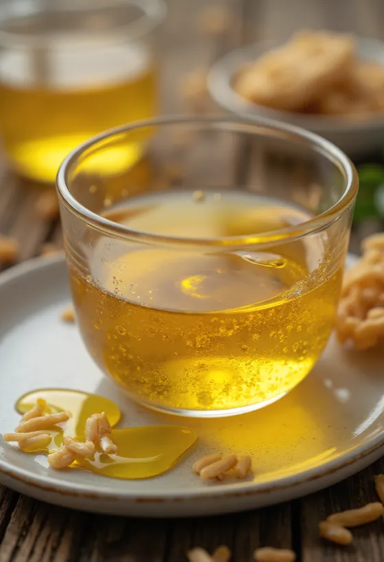 زيت نخالة الأرز في زجاجة مع حبات أرز ونخالة على خلفية طبيعية