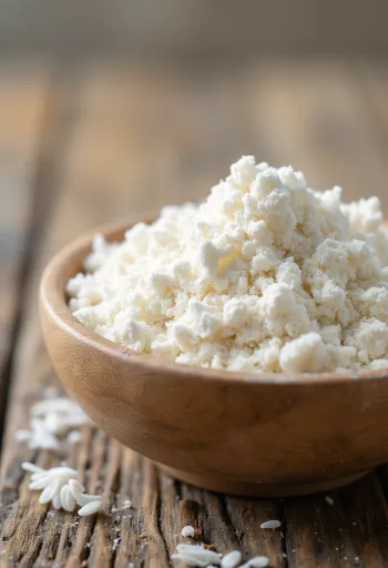 دقيق أرز أبيض ناعم في وعاء خزفي وعلى الخشب