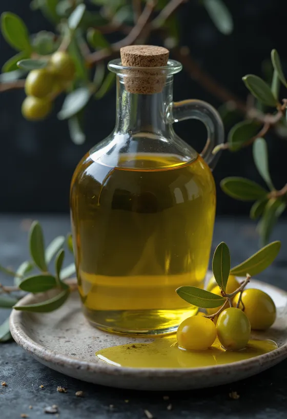 زيت متبقي الزيتون بلون أصفر فاتح في وعاء زجاجي