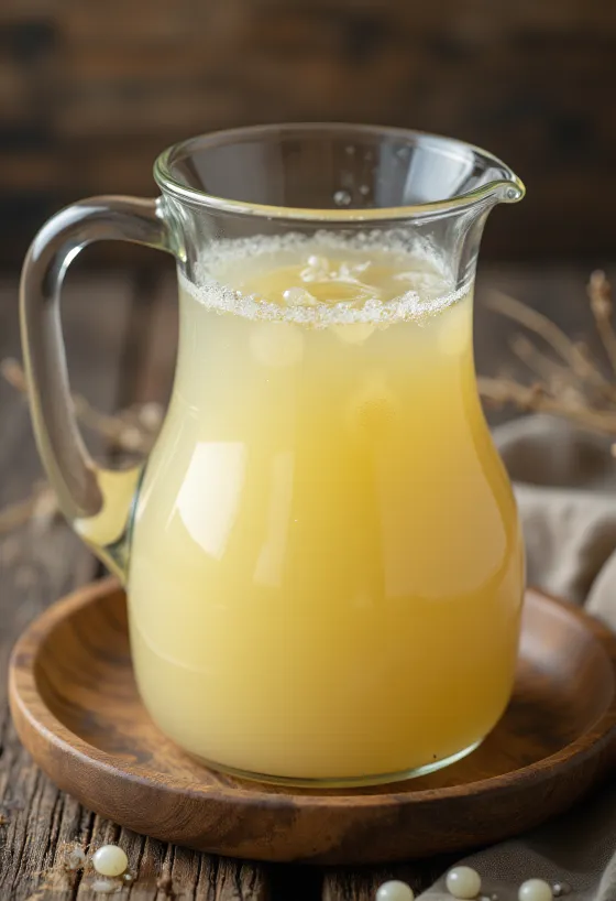 مصل لبن حامض في وعاء زجاجي، على سطح مطبخ ريفي