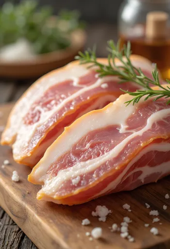 شرائح لحم مقدد نيئة على لوح تقطيع خشبي مع طبقات واضحة من الدهن واللحم