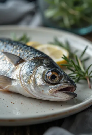 أسماك سردين طازجة مع الليمون والملح والبقدونس على لوح تقطيع خشبي