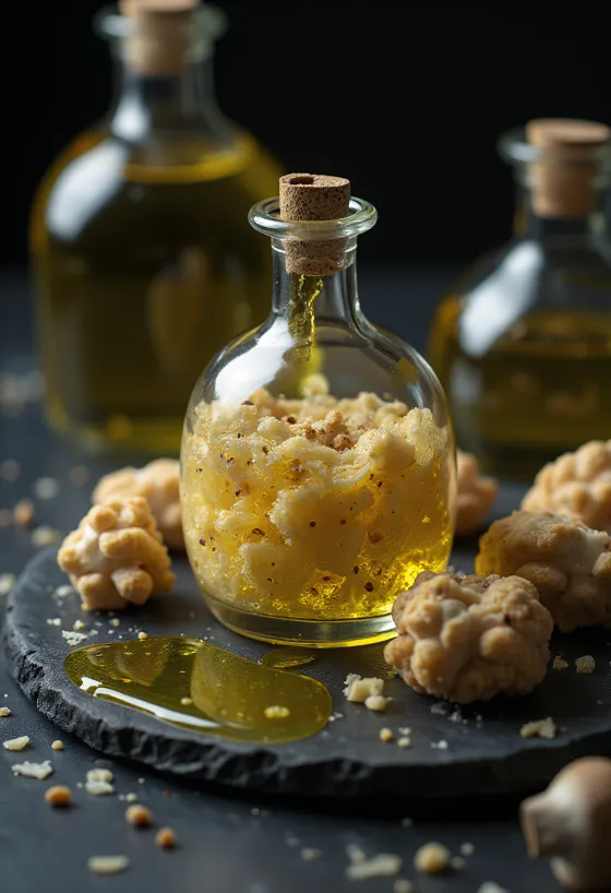 زيت الكمأة في زجاجة صغيرة، مع شرائح الكمأة ومقدم للتقديم