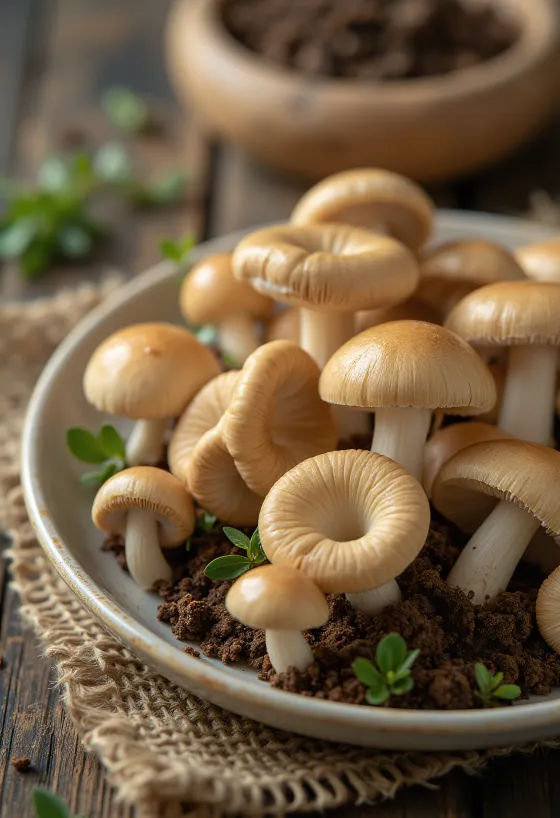 شرائح فطر الحلقات الخرافية مع أعشاب وثوم على لوح خشبي