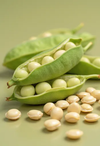 حبوب الصويا في وعاء خزفي ومنثورة على طاولة خشبية مع قرون وأوراق الإداماميه