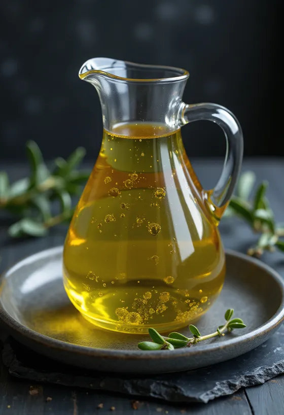 زيت زيتون بكر في وعاء زجاجي صغير، بلون أصفر ذهبي، مزين بزيوت وأوراق زيتون