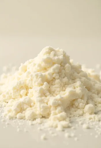 حليب مجفف في وعاء ريفي مع ملعقة خشبية ومسحوق منثور على سطح خشبي